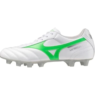 Image of Mizuno Morelia II CLUB Moulded stud football boots, Men&#039;s, Size: 10, White/neon green/galaxy silver High quality imitation leather