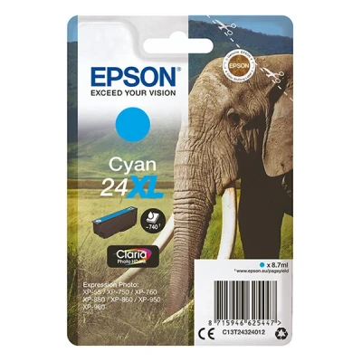 Image of Epson 24XL Cyan Elephant High Yield Genuine, Claria Photo HD Ink Cartridge, XL Capacity