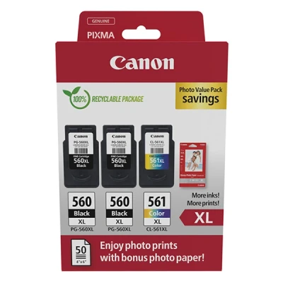 Image of Canon PG 560XL x 2 / CL 561XL High Yield Genuine Ink Cartridges, Pack of 3 (2 Black, 1 Colour); Includes 50 sheets 4x6 Photo Paper Cardboard Multipack
