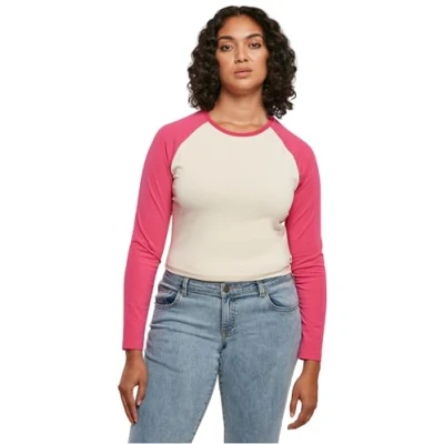 Image of Urban Classics Cropped Retro Baseball Longs Long sleeved top, Women&#039;s, Size: Large, Whitesand hibiskus pink