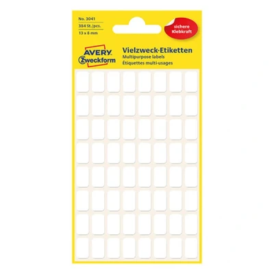 Image of AVERY Zweckform 3041 Household Labels Self Adhesive (13 x 8 mm, 384 Stickers on 6 Sheets, Multi Purpose for Household, School and Office Labelling Labelling) Blank, White