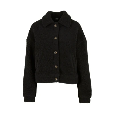 Image of Urban Classics Women&#039;s Transition Jacket, Short Sherpa Button Lightweight Jacket with Closure, Oversized Fit, black, L