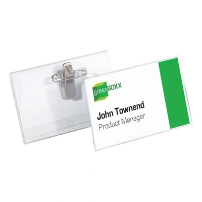 Image of Durable Name Badge 54 x 90 mm with Combi Clip Transparent Pack of 50 Badges Includes Blank Insert Cards Ideal for Events and Visitor Management