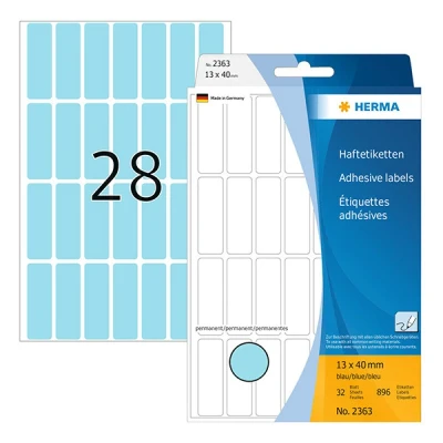 Image of HERMA Multi Purpose Labels, 28 Labels per Sheet, 32 Sheets, 13 x 40 mm, 896 Self Adhesive Small Stickers, Blank Sticky for Office Kitchen Home, Blue