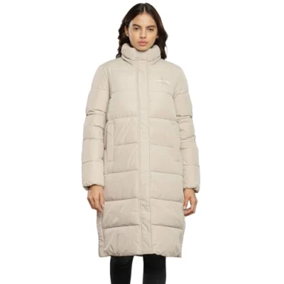 Image of Calvin Klein Jeans Monologo LONG Puffer Winter coat, Women&#039;s, Size: Small, Plaza taupe