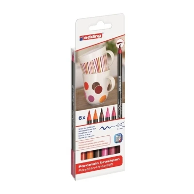 Image of edding 4200 porcelain brush pen 3x red, orange, brown, pink 6 pens nib 1 4 mm felt for painting and decorating ceramics, dishwasher safe, lightfast ink, quick drying