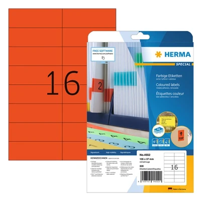 Image of HERMA 4552 Coloured Labels Red Removable 20 Sheets 105 x 37 mm 16 per A4 Sheet Pack of 320 Self Adhesive Printable Matt Blank Paper Colour Stickers