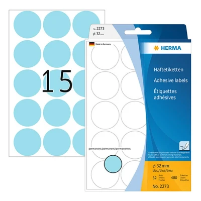 Image of HERMA Dot Stickers Blue, 480 Labels, Ø 32 mm, 15 Labels per Sheet, Self Adhesive Round Colour Stickers, Blank Marking Dots, Sticky Circle for Color Coding Calendar