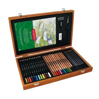 Image of Derwent Academy Wooden Gift Box,Complete 35 Piece Art Set with Colouring Pencils,Pastels &amp; Accessories, Ideal Collection for Drawing, Sketching Crafts, Premium Hobbyist Quality Kit, 2300147