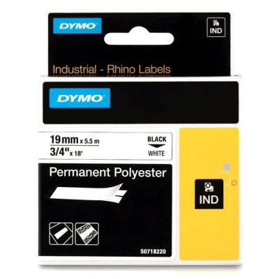 Image of DYMO Rhino Industrial Permanent Polyester Labels 19 mm x 5.5 m black on white self adhesive tape for and LabelManager Label Printer
