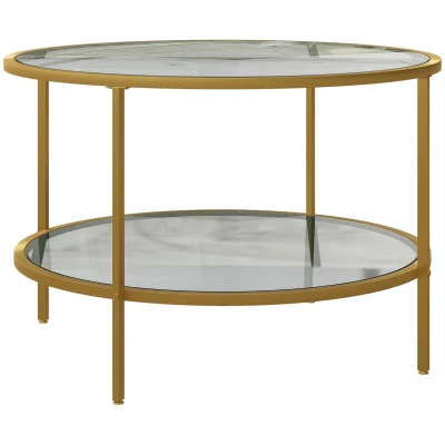 Image of HOMCOM Round Coffee Table with Storage, 2 Tier Tempered Glass Steel Frame for Living Room, Gold Tone