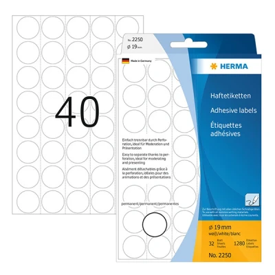 Image of HERMA Dot Stickers White, 1280 Labels, Ø 19 mm, 40 Labels per Sheet, Self Adhesive Perforated Round Colour Stickers, Blank Marking Dots, Sticky Circle for Color Coding Calendar