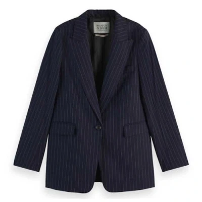 Image of Scotch &amp; Soda Women&#039;s Core Sb Fitted Blazer Jacket, Night Blue Pinstripe 7439, XS