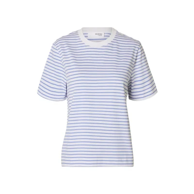 Image of Selected Femme Slfessential Striped BOXY Print Tshirt, Women&#039;s, Size: 12, Cornflower blue