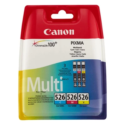 Image of Canon CLI 526 C M Y Pack of 3 cartridges (Cyan Magenta Yellow) Genuine (Plastic Pack)