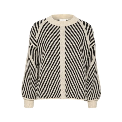 Image of KAFFE Women&#039;s Pullover Regular Fit Long Sleeves Crew Neck Striped Knit Women&#039;s, Beige Melange/Black, XL