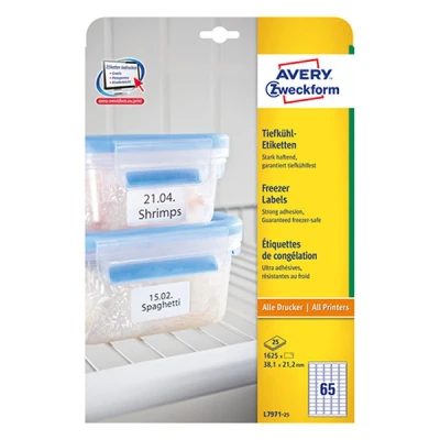 Image of Avery Zweckform L7971 25 Freezer Labels, A4, 1,625 Pieces, 38.1 x 21.2 mm, Sheets, White