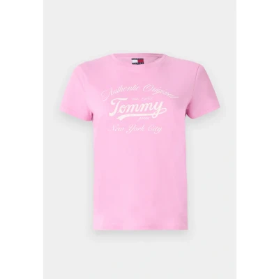Image of Tommy Jeans Essential LOGO TEE Print Tshirt, Women&#039;s, Size: 4, Carnival pink