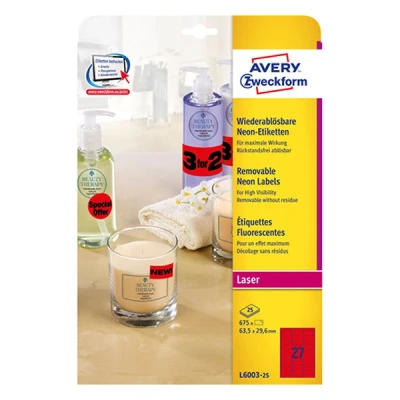 Image of Avery Zweckform L6003 25 Labels 63.5 x 29.6 mm Neon Red