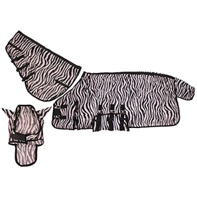 Image of QHP Fly Blanket with Neck and Hat 3 Belly Straps Front Closure Tail Flap (165 cm, Zebra)
