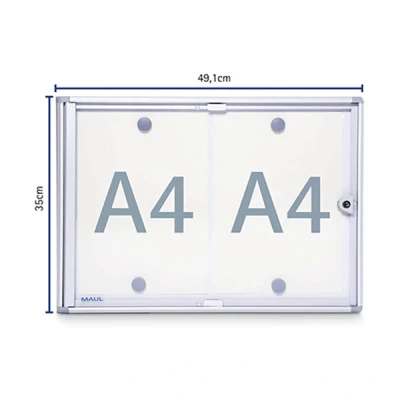 Image of Maul display case A4 extra slim cabinet with 2 x DIN pages, information board aluminium frame and glass door, space saving flat design, lockable lock,