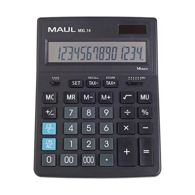 Image of MAUL Commercial Calculator MXL14 14 Digits Includes Tax Angled Display Large Professional Desktop Solar Powered Battery Included 20.5 x 15.5 cm Black