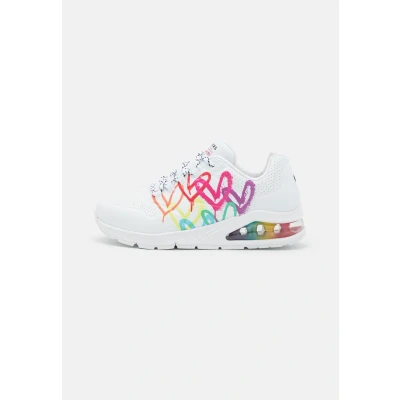 Image of Skechers Women&#039;s Uno 2 Floating Love Sneaker, Wht Duraleather Multi Color Heart Print Trim, 8 UK
