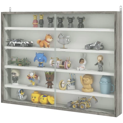 Image of HOMCOM 5 Tier Wall Display Shelf Unit Cabinet w/ 4 Adjustable Shelves Glass Doors Home Office Ornaments 60x80cm Grey Wood Grain