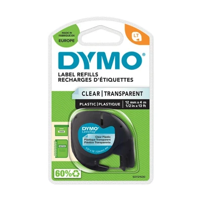 Image of DYMO LetraTag Plastic Labels Black Print on Clear 12 mm x 4 m Roll Authentic Self Adhesive Multipurpose for Label Makers