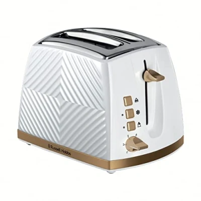 Image of Russell Hobbs Groove 2 Slice Toaster (High Lift, Extra Wide Slots, 6 Browning levels, Frozen/Cancel/Reheat function Illuminated buttons, Removable crumb tray, 850W, White, Brushed gold accents)26391
