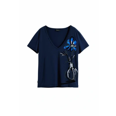 Image of Desigual VASE Vneck Print Tshirt, Women&#039;s, Size: 8, Blue