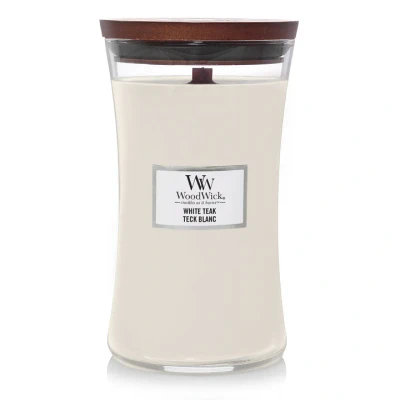 Image of WoodWick Scented Candle Large White Teak 18 cm / ø 10 in Glass Wooden Wick