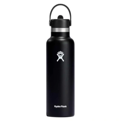 Image of HYDRO FLASK Water Bottle 621 ml (21 oz) Vacuum Insulated Stainless Steel with Flex Straw Cap BPA Free Standard Mouth Black