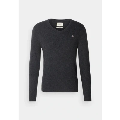 Image of GANT V NECK Jumper, Men&#039;s, Size: Large, Dark charcoal melange