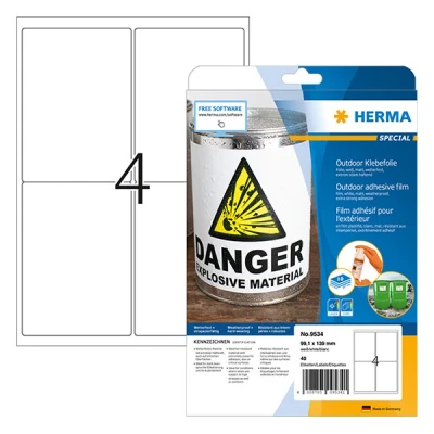 Image of HERMA Self Adhesive Film Labels, 4 Labels per A4 Sheet, 10 Sheets, 99.1 x 139 mm, 40 Blank Weatherproof Stickers, Sticky for Laser &amp; Inkjet Printer, White