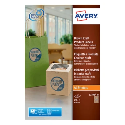 Image of Avery Product Labels 12 per Sheet 60mm Diameter Brown Kraft Circular Ref L7106 20 [240 labels]