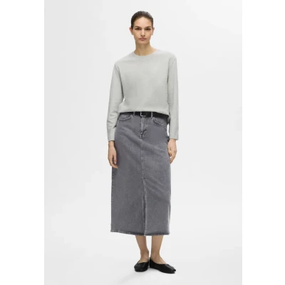 Image of Selected Femme Slfkrista Gerda Skirt denim skirt, Women&#039;s, Size: 6, Light grey