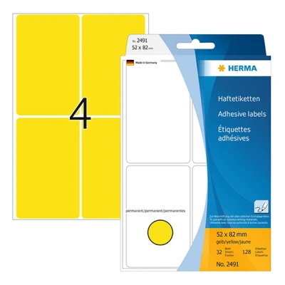 Image of HERMA Multi Purpose Labels, 4 Labels per Sheet, 32 Sheets, 52 x 82 mm, 128 Self Adhesive Large Stickers, Blank Sticky for Office Kitchen Home, Yellow