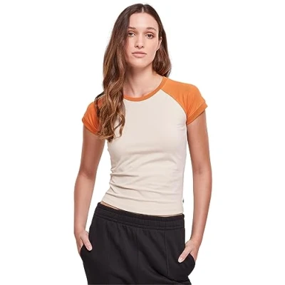 Image of Urban Classics Stretch Short Retro Baseball TEE Print Tshirt, Women&#039;s, Size: XL, Softseagrass vintageorange