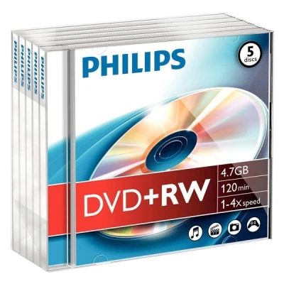 Image of Philips DW 4 S J 05 F/10 DVD + RW 4.7GB Data/120 Min Video 4x High Speed, Pack of 5