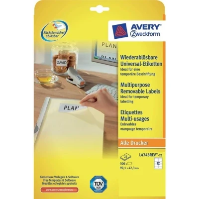 Image of Avery L4743REV 25 Self Adhesive Removable Labels, 12 Labels per Sheet, White, 300 A4 Size