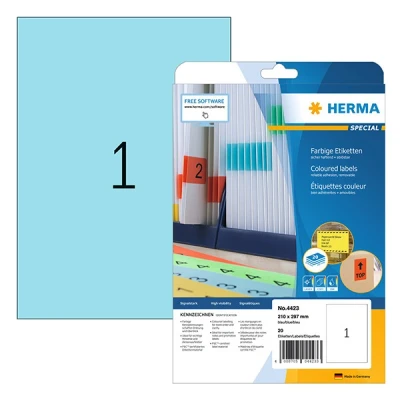 Image of HERMA 4423 Coloured Labels Blue Removable 20 Sheets 210 x 297 mm 1 per A4 Sheet Pack of Self Adhesive Printable Matt Blank Paper Colour Stickers