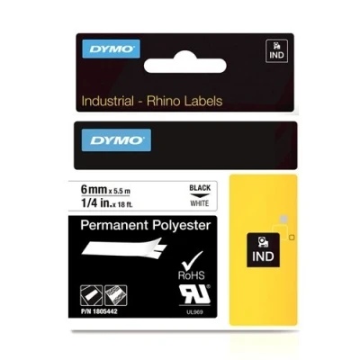 Image of DYMO Rhino Industrial Permanent Polyester Labels 6 mm x 5.5 m black on white self adhesive tape for and LabelManager Label Printer