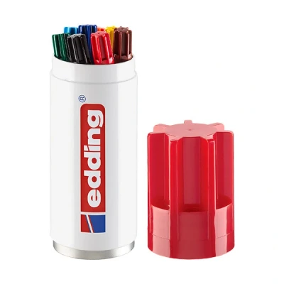 Image of edding 3000 permanent marker metal pen case set of 8 multi coloured pens round nib 1.5 3 mm quick drying, waterproof, smudge proof for cardboard, plastic, wood, metal, fabric can