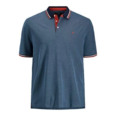 Image of JACK &amp; JONES Mens Paulos Tipped Pique Short Sleeve Polo, Denim Blue Detail:ps, 8XL