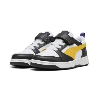 Image of Puma Rebound V6 Unisex Trainers for kids, Size: 11K, Black yellow sizzle white High quality imitation leather