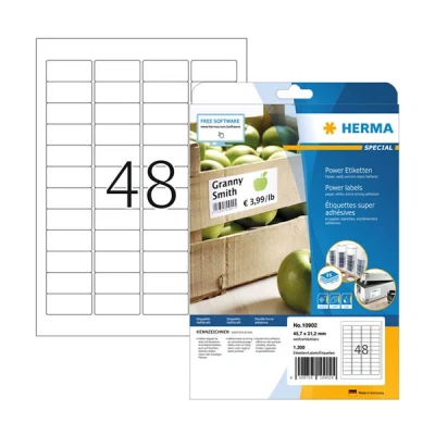 Image of HERMA Extra Strong Adhesive Labels, 48 Labels per A4 Sheet, 25 Sheets, 45.7 x 21.2 mm, 1200 Blank Heavy Duty Stickers, Sticky for Laser &amp; Inkjet Printer, White
