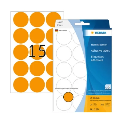 Image of HERMA Dot Stickers Luminous Orange, 360 Labels, Ø 32 mm, 15 Labels per Sheet, Self Adhesive Round Colour Stickers, Blank Marking Dots, Sticky Circle for Color Coding Calendar