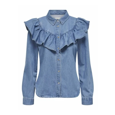 Image of ONLY Women&#039;s Onlindigo Ls Frill DNM Shirt Qyt Noos, Medium Blue (Medium Denim), M