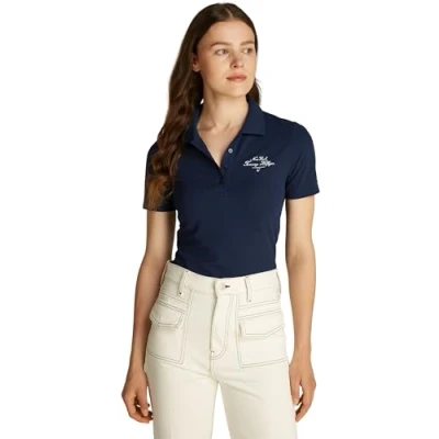 Image of Tommy Hilfiger SLIM Script Graphic Polo shirt, Women&#039;s, Size: Large, Dark night navy